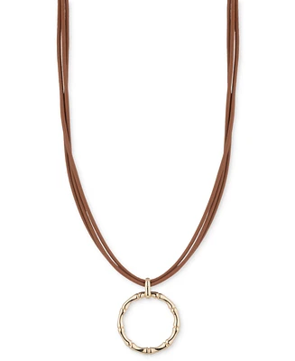 Lauren Ralph Lauren Gold-Tone Brown Leather Pendant Necklace, 16" + 3" extender