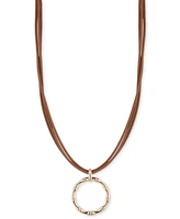 Lauren Ralph Lauren Gold-Tone Brown Leather Pendant Necklace, 16" + 3" extender