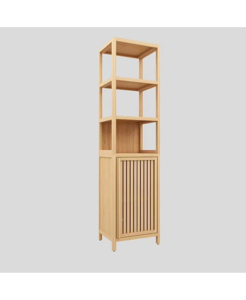 Storage Tall Slim Cabinet with Shutter Door and 3 Tier Shelves, Freestanding Linen Tower Cabinet for Living Room, Kitchen, Bathroom Organizer, Natural