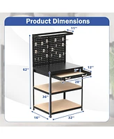 32 x 16 Inch Workbench Work Table with 2 PCs Pegboard Drawer and Shelves-Black