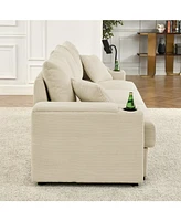 Beige Corduroy Sofa with Storage, Cup & Phone Holders