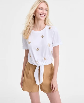 I.n.c. International Concepts Women's Embellished Cotton Tie-Front T-Shirt, Exclusively at Macy's