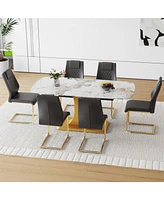 71" Pandora Glass Dining Set: Table & 6 Black Pu Chairs