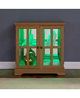 Antique Led Curio Display Cabinet, Adjustable Shelves, Lattice Doors, Oak Showcase