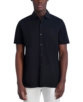 Karl Lagerfeld Paris Men's Short Sleeve Collared Knit Button Front T-Shirt