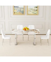 Pandora Patterned Sintered Stone Dining Table Set with 4 White Chairs