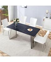 Black Marble-Patterned Table with Butterfly Legs & 4 Striped Pu Chairs