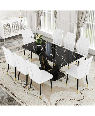 Black Marble Pattern Tempered Glass Dining Set - 71"x35.4" with 8 White Pu Chairs With a Widened Backrest Design