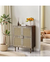 4-Doors Rattan Mesh Storage Cabinet, Sideboard with Eight Storage Spaces, for Entryway, Living Room, Hallway (Grey with Woodgrain)
