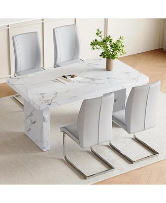 White Marble Table & Gray Pu Chairs - 4 Seat Dining Set