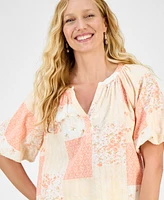 Style & Co Women's Printed Bubble-Sleeve V-Neck Blouse, Exclusively at Macy's