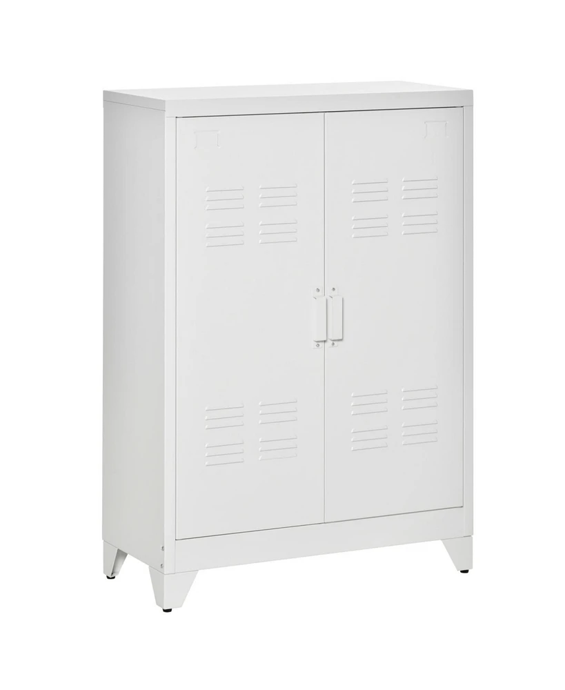 Industrial Storage Cabinet, Steel Garage Cabinet with Double Doors and Adjustable Shelves, White