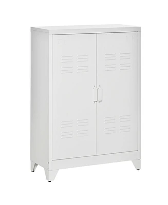 Industrial Storage Cabinet, Steel Garage Cabinet with Double Doors and Adjustable Shelves, White