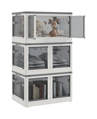 32 Gal Stackable Storage Bins with Lids, 3 Packs Collapsible Closet Organizers and Storage, Plastic Drawer Storage Container on Wheels with 5-Sided Ac