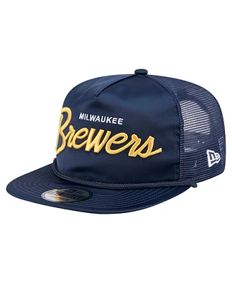 New Era Men's Navy Milwaukee Brewers Retro Satin Script Golfer Adjustable Hat