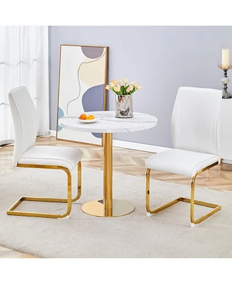 Elegant White Marble Dining Set: Table & 2 Chairs with Suction Relief Texture