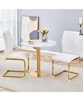 Elegant White Marble Dining Set: Table & 2 Chairs with Suction Relief Texture