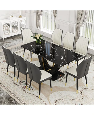 Marble Glass Dining Set with 8 White and Gray Chairs