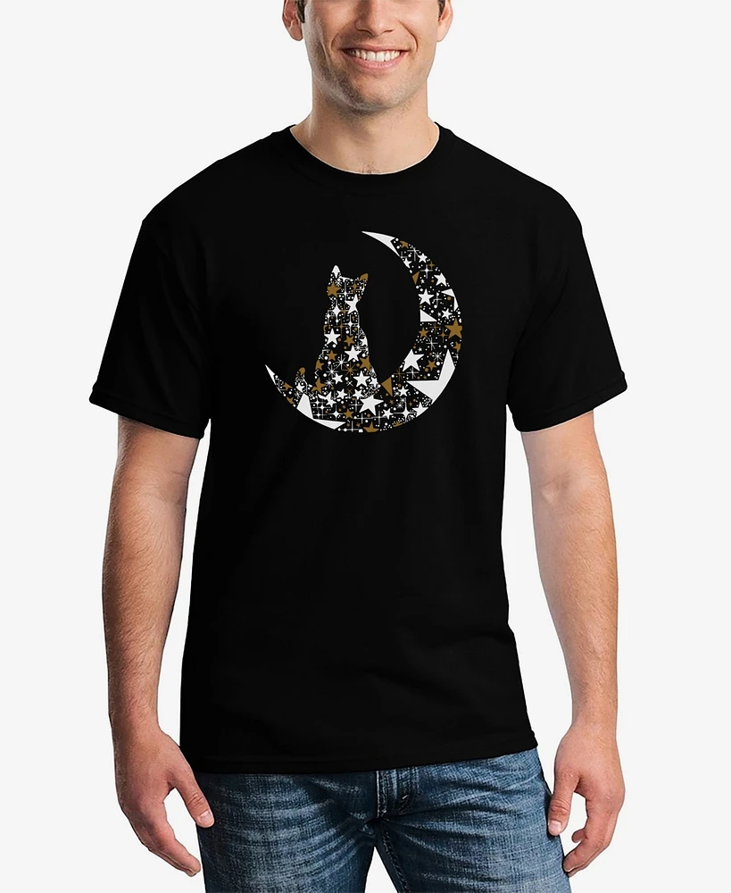 La Pop Art Men's Cat Sitting On Moon Word T-Shirt