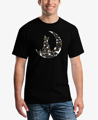 La Pop Art Men's Cat Sitting On Moon Word T-Shirt
