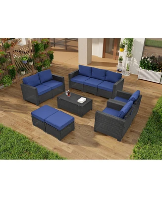 Pe Rattan Patio Furniture Set, Sectional Sofa, Cushions & Glass Table