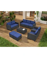 Pe Rattan Patio Furniture Set, Sectional Sofa, Cushions & Glass Table