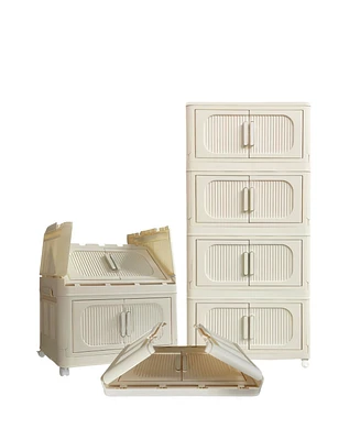 Cream White 19" 4-Tier Folding Storage Cabinet with Magnetic Door & Wheels