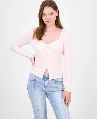 Just Polly Juniors' Lace-Trim Sweetheart-Neck Knit Top