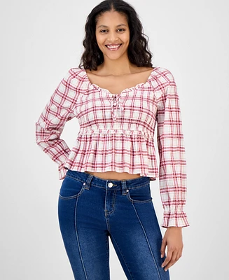 Celebrity Pink Juniors' Plaid Ruffle-Trim Babydoll Top