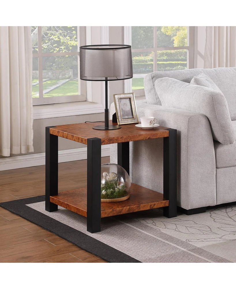 23.6-inch wide square end table, burl wood grain metal countertop, matte black metal double-layer living room end table