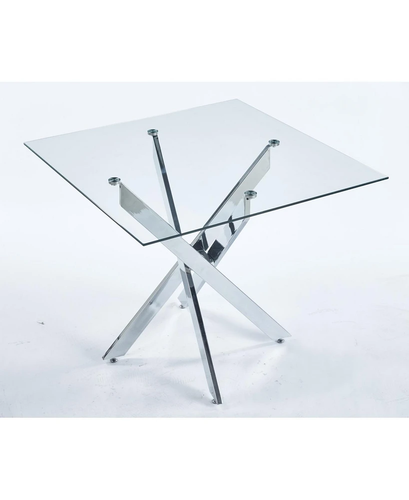 Modern Glass Dining Table with Cross Metal Legs (90x90x75cm)