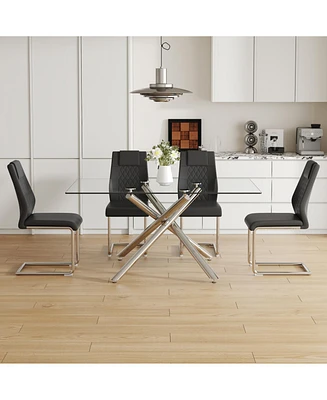 Modern Glass Dining Table Set with 4 Pu Chairs