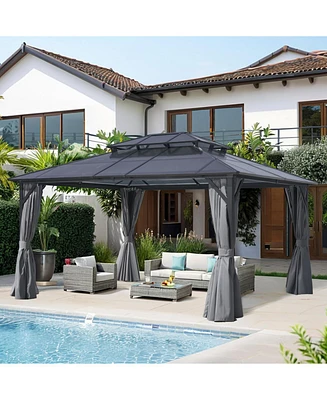 12x16 Hardtop Gazebo, Double Roof, Netting & Curtains