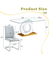 Luxury Glass Dining Set: 63"x35.4", 6 Gray Pu Chairs, Silver Legs