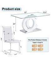 63" Glass Table with 4 Pu Chairs, White Mdf Bracket & Silver Legs