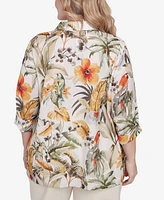 Alfred Dunner Plus Tropical Bird Button Front Top