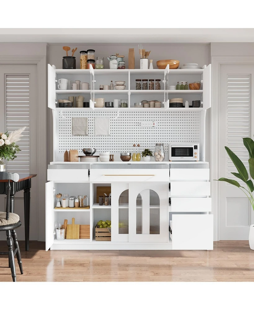 63" Buffet with Hutch, Coffee Bar, Drawers, Shelves, & Power