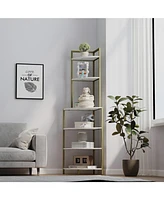 6-Tier Corner Open Shelf Modern Bookcase Wood Rack Freestanding Shelving Unit, Plant Album Trinket Sturdy Stand Small Bookshelf Space-Saving for Livin