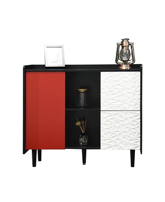 Sideboard Buffet Cabinet, Black Storage Cabinet with Red Doors, 2 Drawers with unique panel styling and 2 Open Storage Compartment, Modern Coffee Bar