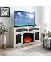 Embossed Tv Stand with 23" Fireplace, Media Console with Storage, White (58.3"W x 31.7"H)