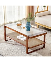 Walnut Wood & Glass Tea Table with Rattan Detail, Perfect for Home Decor
