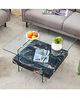 Elegant 31.4" Modern Square Coffee Table: Glass and Marble Pattern