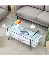 43" Modern Two-Tier Coffee Table: Clear Glass, White Marble Texture