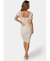Bebe Women's Lace Slim Dress with Puff Sleeves