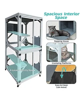 30.7" Wooden Catio Outdoor Cat Enclosure, Luxury Cat House on Wheels with Napping House, 4 Platforms & Weatherproof Asphalt Roof, Large Kitty Cat