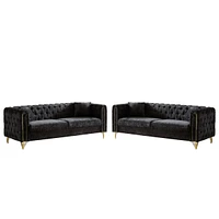 Chenille Pull Buckle Design Sofa for Living Room, Buttons Tufted With Copper Nail Decoration Armrest, Modern Couch Upholstered Button And Metal Legs