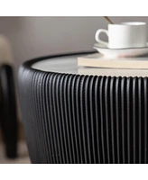 Modern Side Table, Round Drum Coffee Table with Sintered Stone, Pu Leather and metal Base, Black, 19.7"
