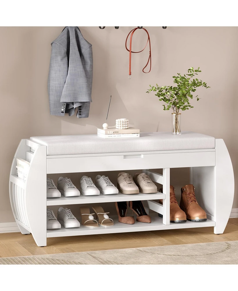 Retro Multifunctional Storage Bench with Cushion and Curved Side Panel for Entrance and Living Room (Black