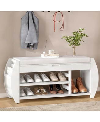 Retro Multifunctional Storage Bench with Cushion and Curved Side Panel for Entrance and Living Room (Black