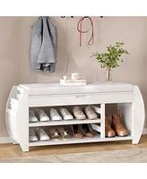 Retro Multifunctional Storage Bench with Cushion and Curved Side Panel for Entrance and Living Room (Black